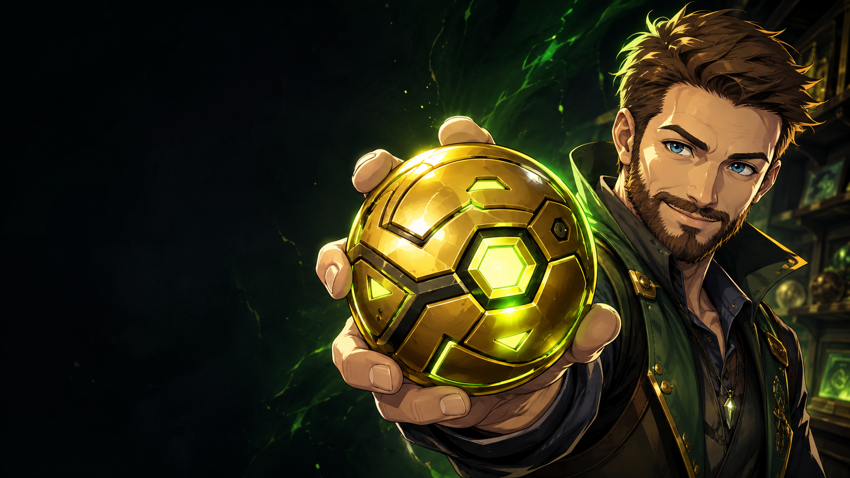 Illustrated bearded collector presenting a luminous gold capture orb